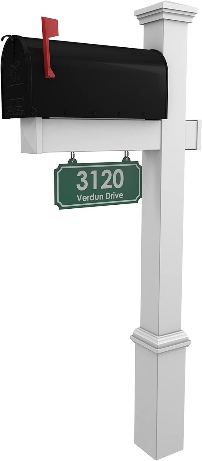 4Ever Products Vinyl Mailbox Post System - Includes Black Steel Mailbox and Custom Address Plate (Green)