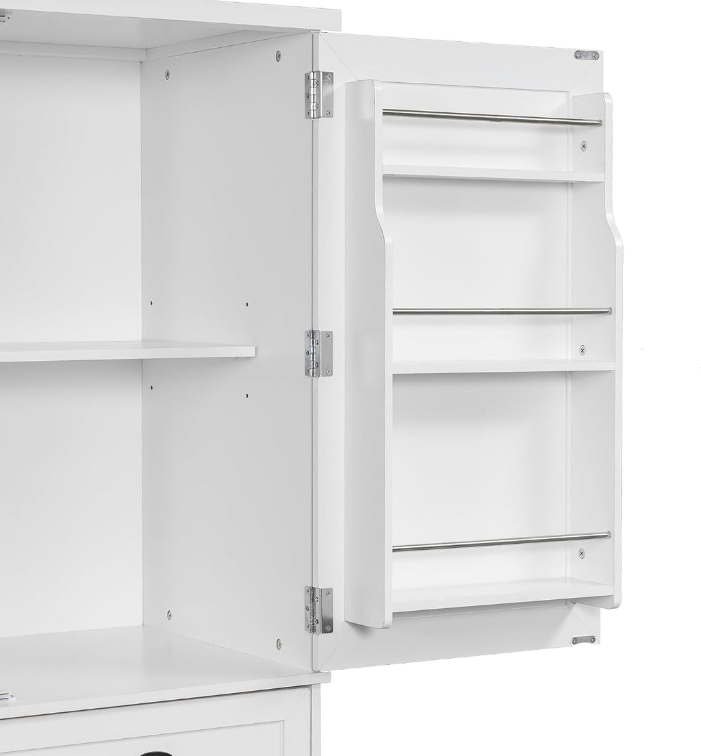 Freestanding 4 Doors Kitchen Pantry, Wood Kitchen Cupboard Storage Cabinet with 6 Door Shelves, Drawer and 3 Pull-Out Trays for Dining Room (White-4.14)