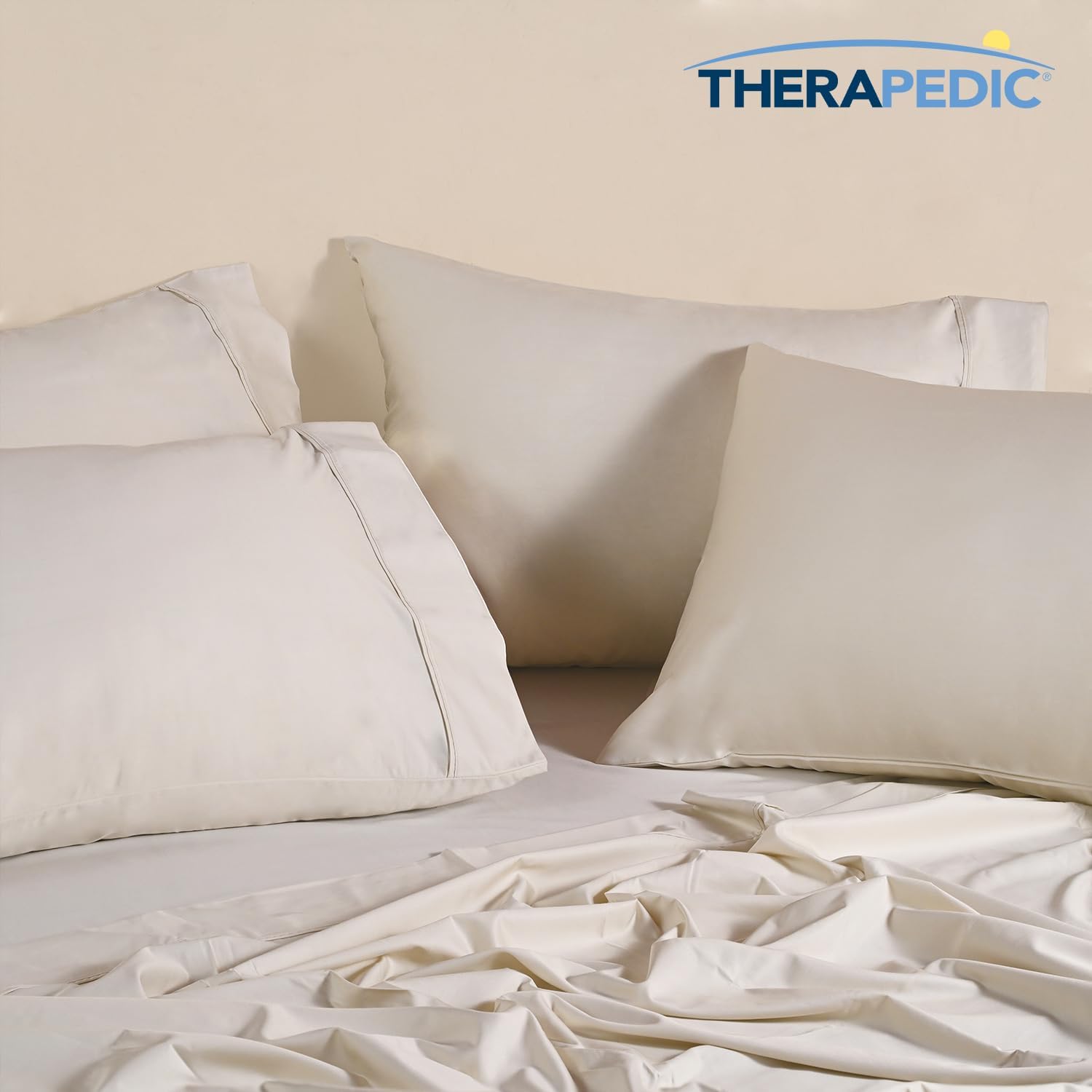 Therapedic 100% Organic Rayon Derived from Bamboo California-King Sheet Set | 1000TC 6-Piece Cooling Sheets Set, 16' Deep Pocket Fitted Sheet, 4 Pillowcases - Ivory