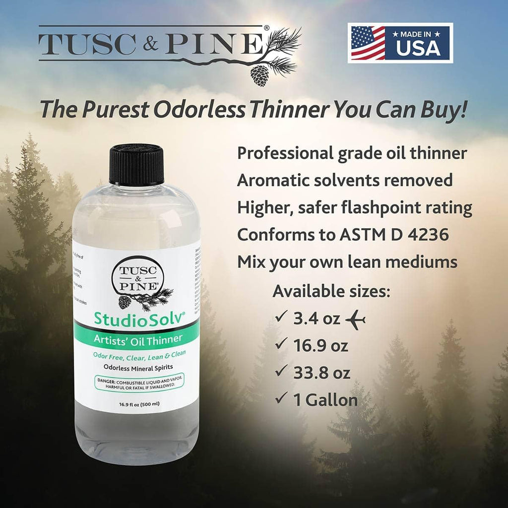 Tusc & Pine StudioSolv™ Odorless Mineral Spirits - Pack of 12-16.9oz (500ml) - Purified Odor-Free Spirit Solvent for Thinning Oils, Artists, Painting Thinner, Professionals, & More!