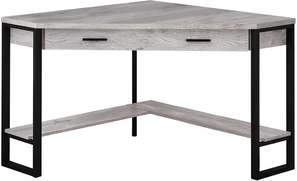 Pemberly Row Corner Computer Desk, 42 in, Reclaimed Wood Gray and Black Finish, Metal Frame, 1 Drawer and Bottom Shelf, Traditional Style, Home Office Writing Desk for Laptop/Tablet Workstation Use