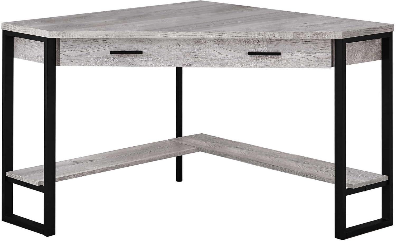 Pemberly Row Corner Computer Desk, 42 in, Reclaimed Wood Gray and Black Finish, Metal Frame, 1 Drawer and Bottom Shelf, Traditional Style, Home Office Writing Desk for Laptop/Tablet Workstation Use