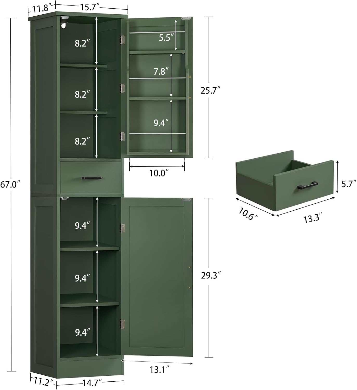 TEENFON Kitchen Pantry Cabinet with 3 Door Shelves & 1 Drawer, Narrow Bathroom Cabinet with Adjustable Shelves, Tall Storage Cabinet for Living Room, Bathroom, Entryway, Green