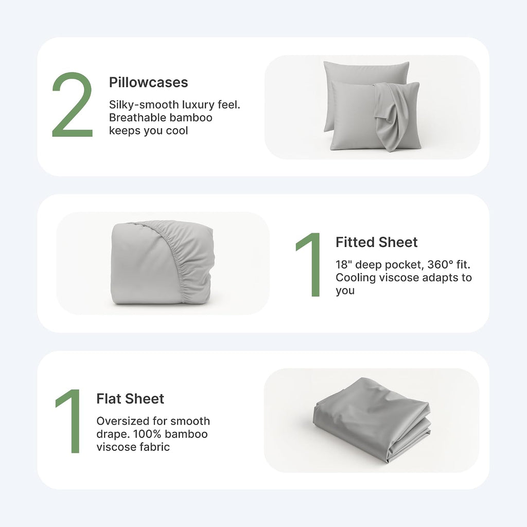 BedVoyage Cooling Sheets Queen – Viscose from Bamboo, Sheet Set for Hot Sleepers, 18' Deep Pocket, Soft Breathable Bedding, Stone