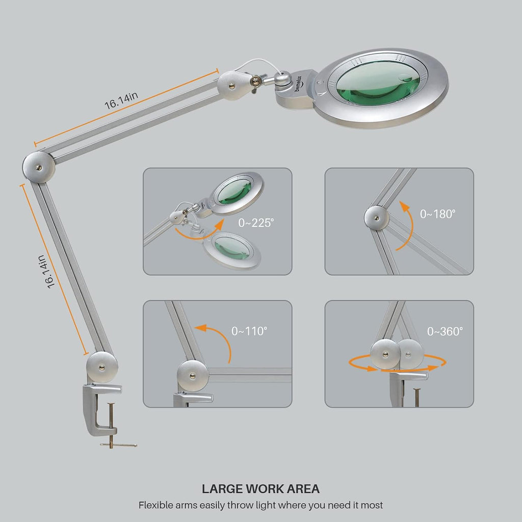 Bifocals Magnifying Desk Lamp with Clamp, 5 Diopter with 20 Diopter, 6 Inch Detachable Lens and 120PCS LEDs, 3 Color Modes 1200 Lumens Swivel Arm Magnifying Lamp with Light for Crafts (Silver)