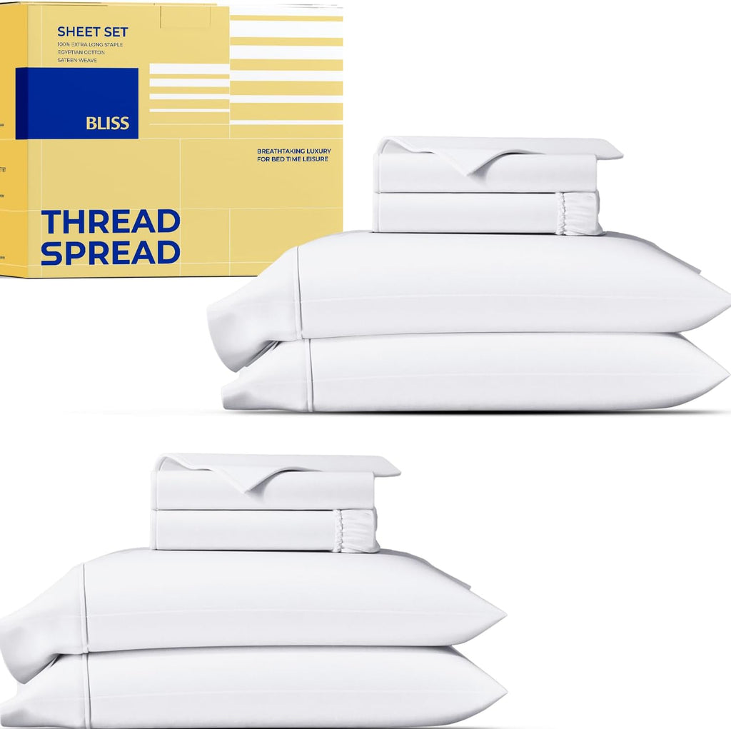 THREAD SPREAD 100% Egyptian Cotton Sheet Set Pack of 2 California King Size - 600 Series Bliss Collection Luxury Sheet Cal King Size (Pack of 2, White), Hotel Bed Sheets, Fits Mattress Upto 18'