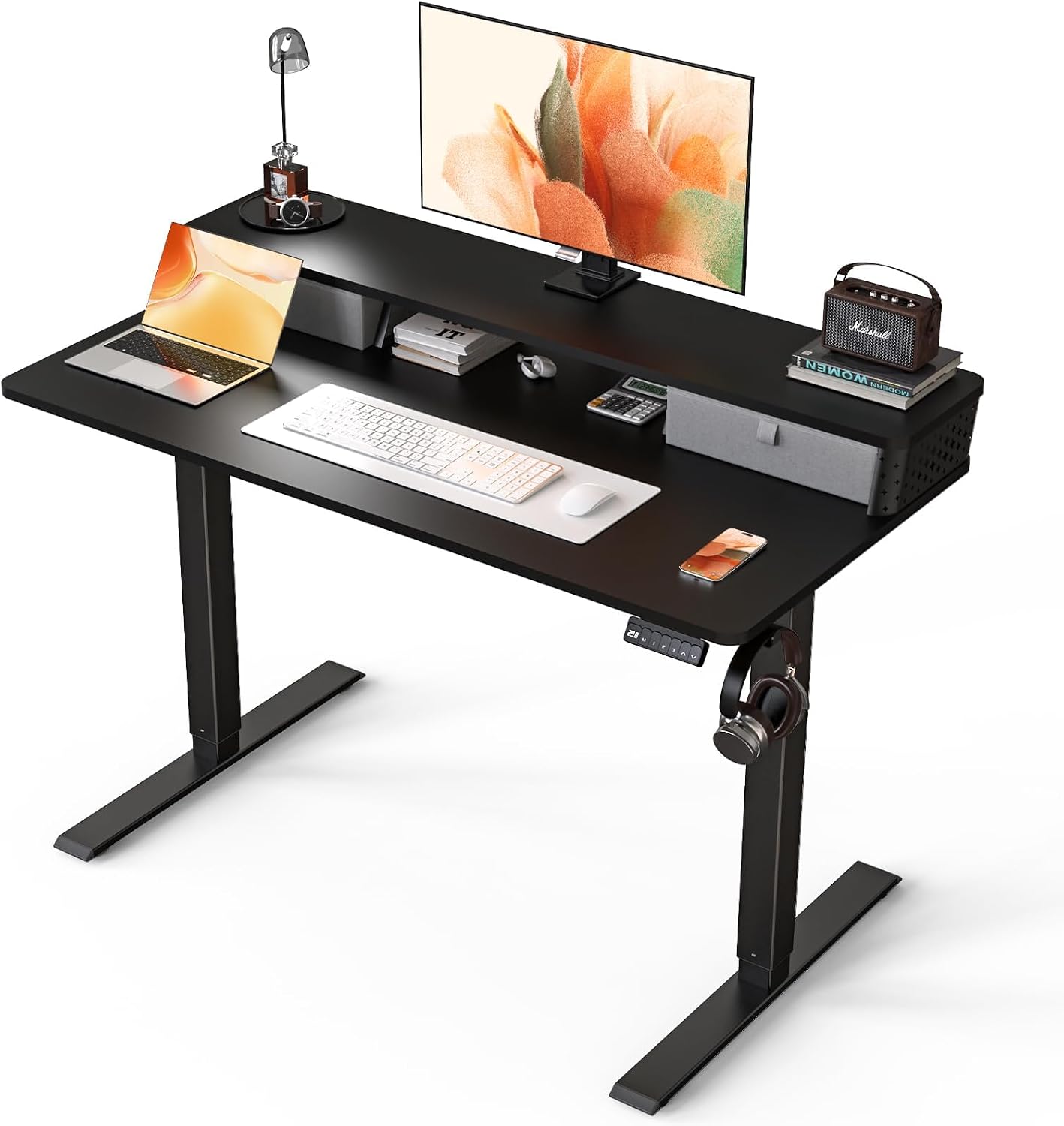 Kingant 48 x 24 Inch Electric Standing Desk with Dual Drawers, Height Adjustable Sit to Stand Computer Desk with Storage Shelf and C-Clamp Mount Compatibility for Home Office, Black