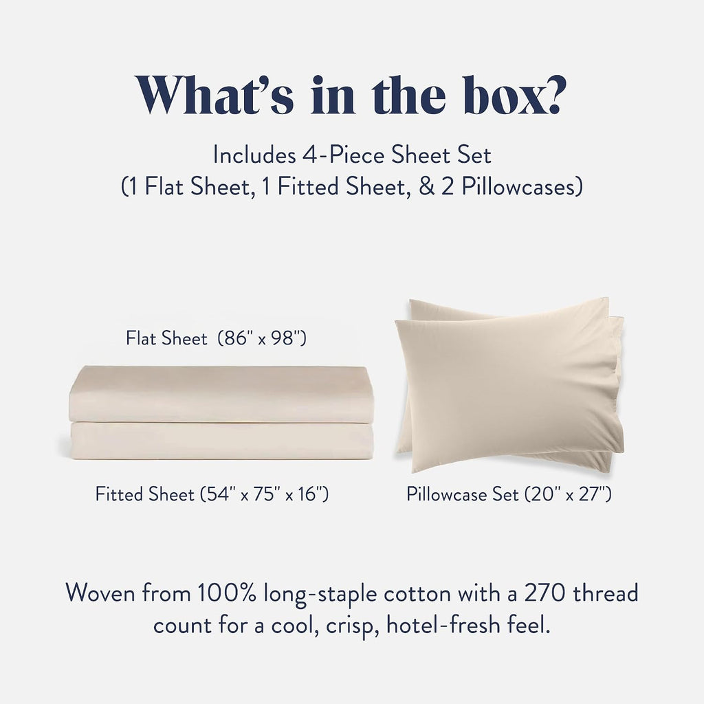 Brooklinen Luxury Percale Sheet Set - 4 Piece 100% Cotton Bed Sheets - 1 Fitted & 1 Flat Sheet, 2 Pillowcases - Cotton Percale Sheets for Hot Sleepers (Queen Size, Cream)