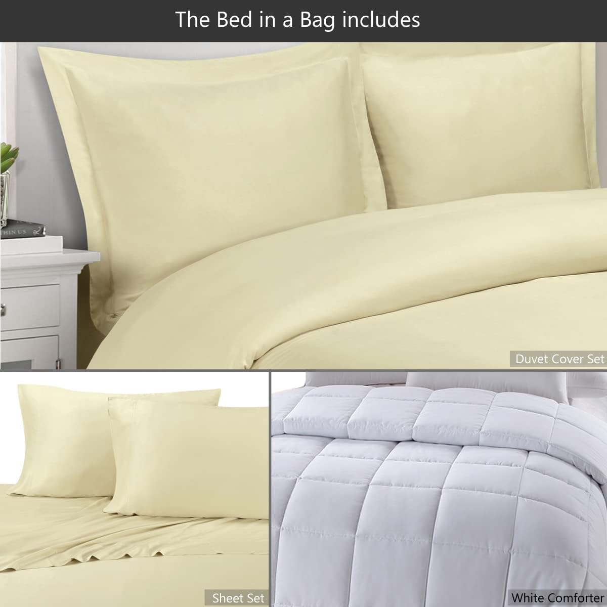 Royal Tradition 8 Pieces Bed in a Bag Set: Queen Size, Viscose from Bamboo, Solid Beige (Sheet Set & Duvet Cover Set) + White Down Alternative Comforter