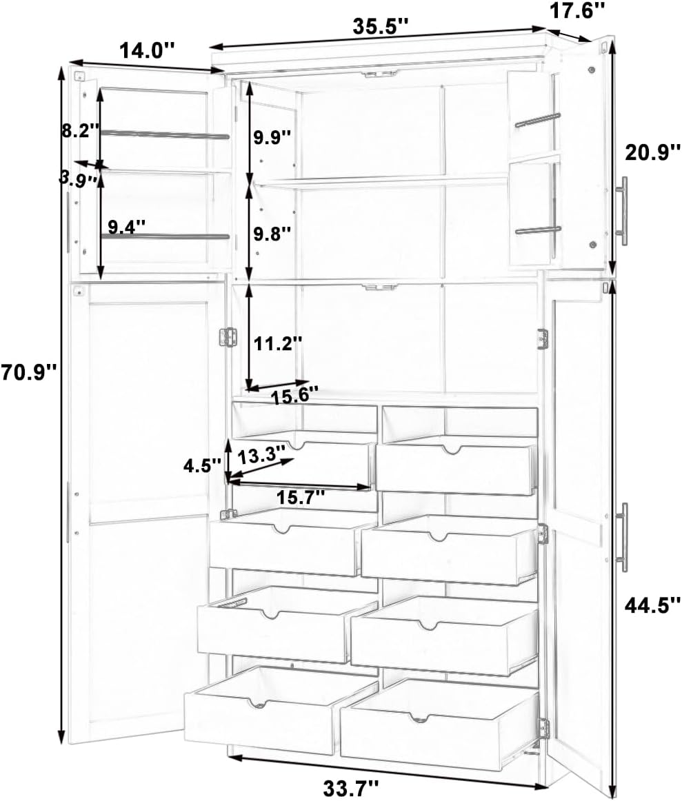 Freestanding Kitchen Pantry Storage Cabinet, 70.9''H Tall Wooden Kitchen Organizers with 4 Doors, 2 Door Shelves, 8 Pull-out Trays and Adjustable Shelf for Dining Room Living Room (Blue-8.5)