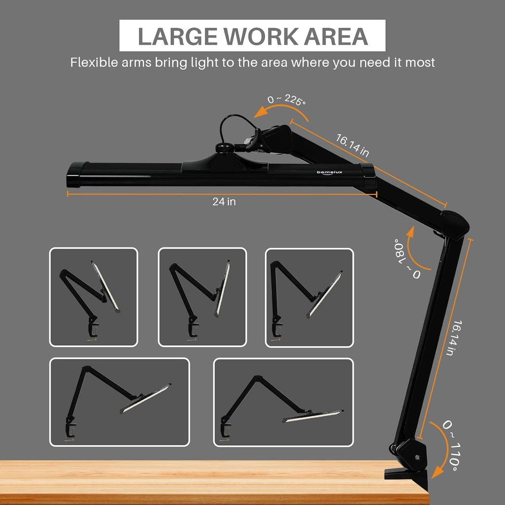 LED Architect Desk Lamp with Clamp, Metal Swing Arm 2300 Lumens Dimming Office Table Lamp for Task Work Drafting Reading Desktop, 180PCS Bright LEDs, 30W Workbench Lamp(Black)