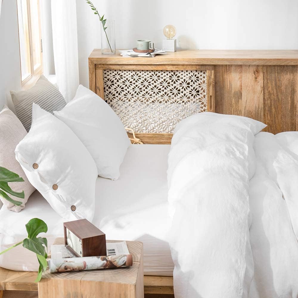 Simple&Opulence 100% Linen Duvet Cover Set 3pcs with Coconut Button Closure Natural French Washed Flax Solid Color Soft Breathable Farmhouse Bedding - White, Full Size