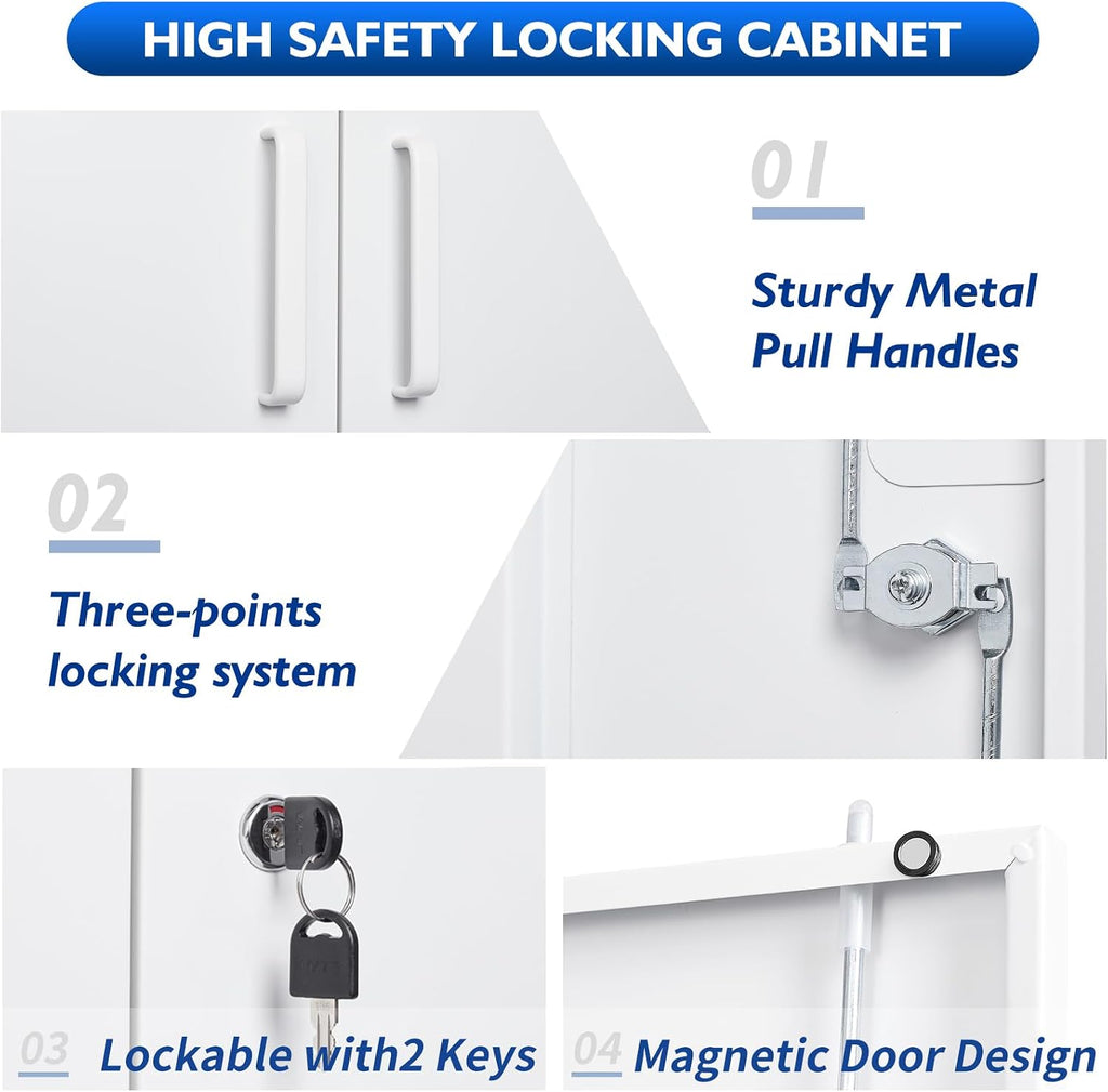 Metal Storage Cabinets with Locking Doors, 36 inch Lockable Steel Office Cabinet with Adjustable Shelves, Small Short Garage Caninet, White Locked Tool Caninets for Home, Office, Garage, Hallway