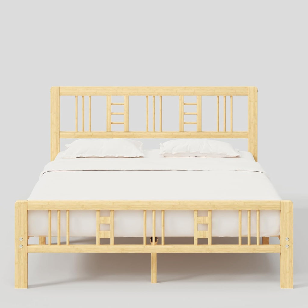 10 Inch High Bamboo Queen Bed Frame with Headboard and Footboard, Wood Bed Frame Queen Size Metal Slat Support Heavy Duty, No Box Spring Needed, Easy Assembly, Noise Free, Reinforced