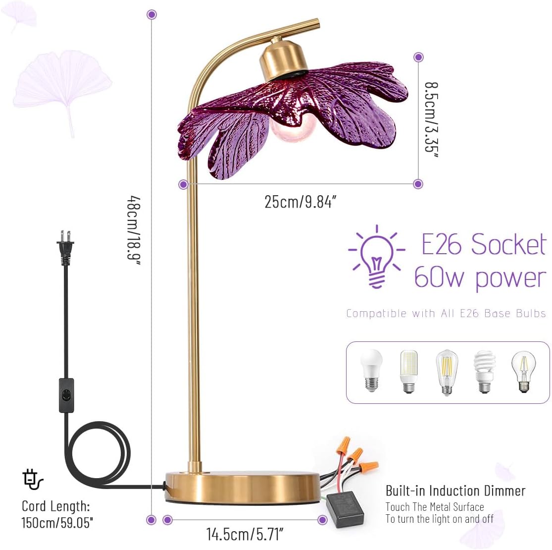 Touch Control Table Lamp, Mid Century Modern Gold Nightstand Lamp, 18.9-inch Vintage Purple Glass Table Light for Bedroom, Living Room, Farmhouse End Table, Set of 2