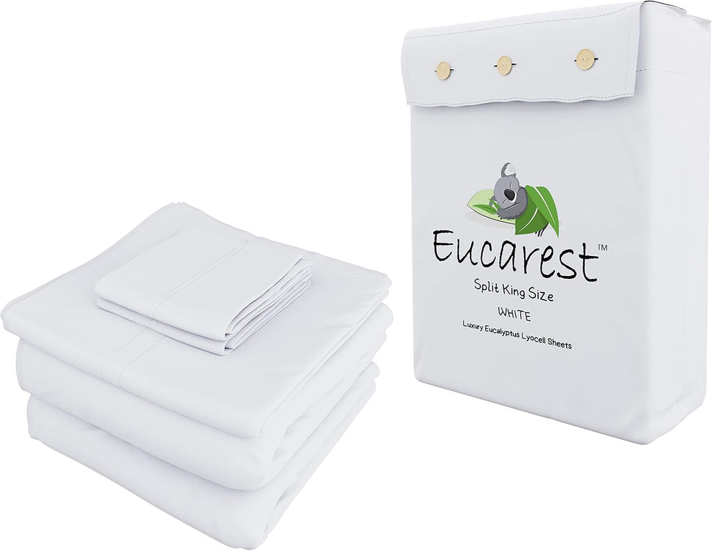 Split-King Eucalyptus Lyocell Bed Sheets, Hypoallergenic 100% Organic Tencel, Thermal Regulating and Moisture Wicking for Hot Sleepers, Superior Thread Quality, Extra Deep Pockets - White