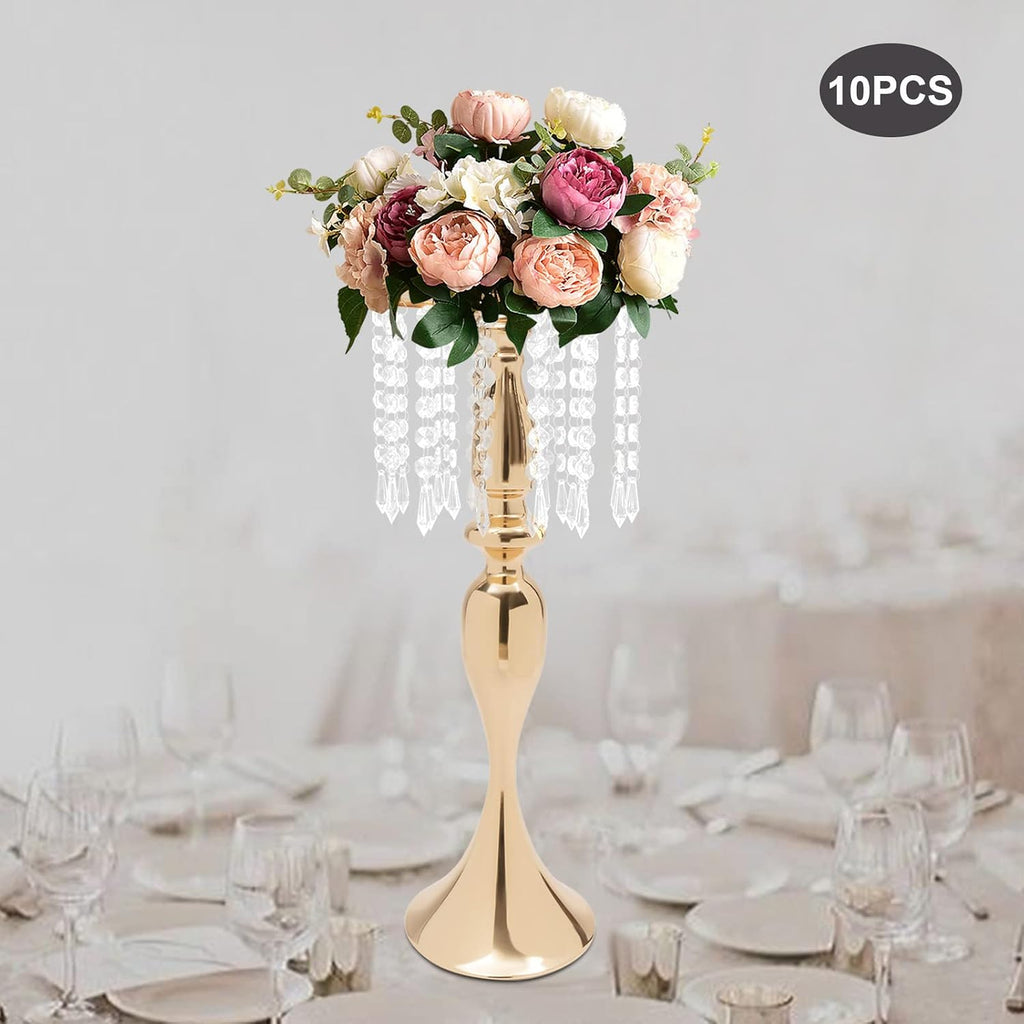 10PCS Crystal Flower Stand Wedding Centerpieces 21.3Inch Tall Gold Vases Metal Flower Candle Holder with Sparkling Crystal for Table Wedding Party Dinner Event Decor (Gold-6)