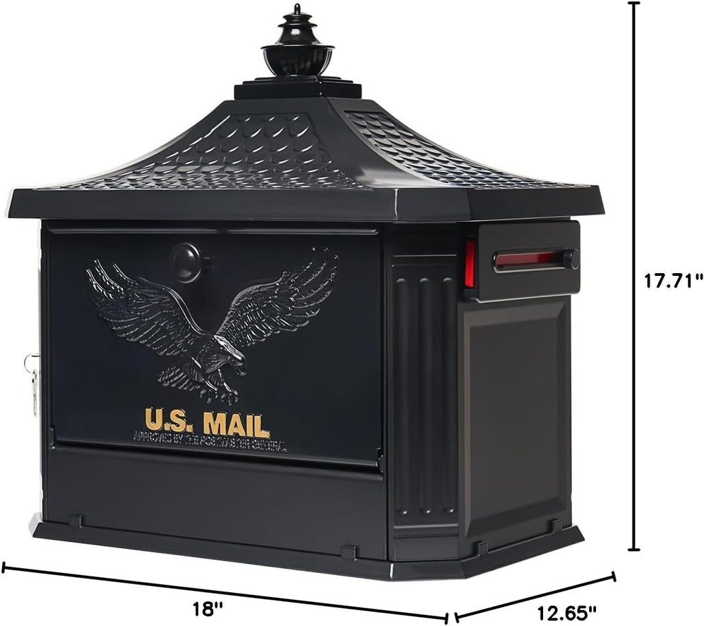 Architectural Mailboxes Hamilton™ Secure, Locking USPS Approved Heavy Duty, Cast Aluminum Metal Post Mounted Mail Box for Outside, Black Large Curbside Mailbox with Magnetic, Lockable Double Doors
