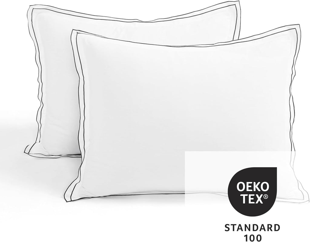 Lush Decor Hampton Double Flange Embroidered Contrast Edge Cotton Duvet Cover Set, 3 Piece Set, Full/Queen, White & Black - Hotel Bedding Set - Black Trim - White Duvet Cover - Minimalist Decor