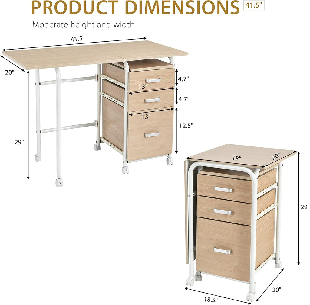 Tangkula Folding Computer Desk with 3 Storage Drawers, Mobile Home Office Desk Study Writing Desk with Smooth Wheels, Space Saving Compact Desk for Dorm Apartment, Rolling Folding Desk Table