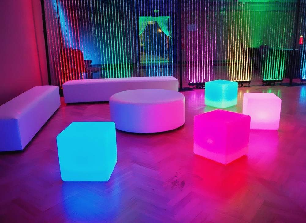 Mr.Go 14-Inch Color Changing LED Cube Light Stool, Glow Cube Seat for Kids, Modern LED Light Side Table, 16 RGB Colors Mood Lighting, Ideal for Home Garden Patio Bar Pool Party Decorative Lighting