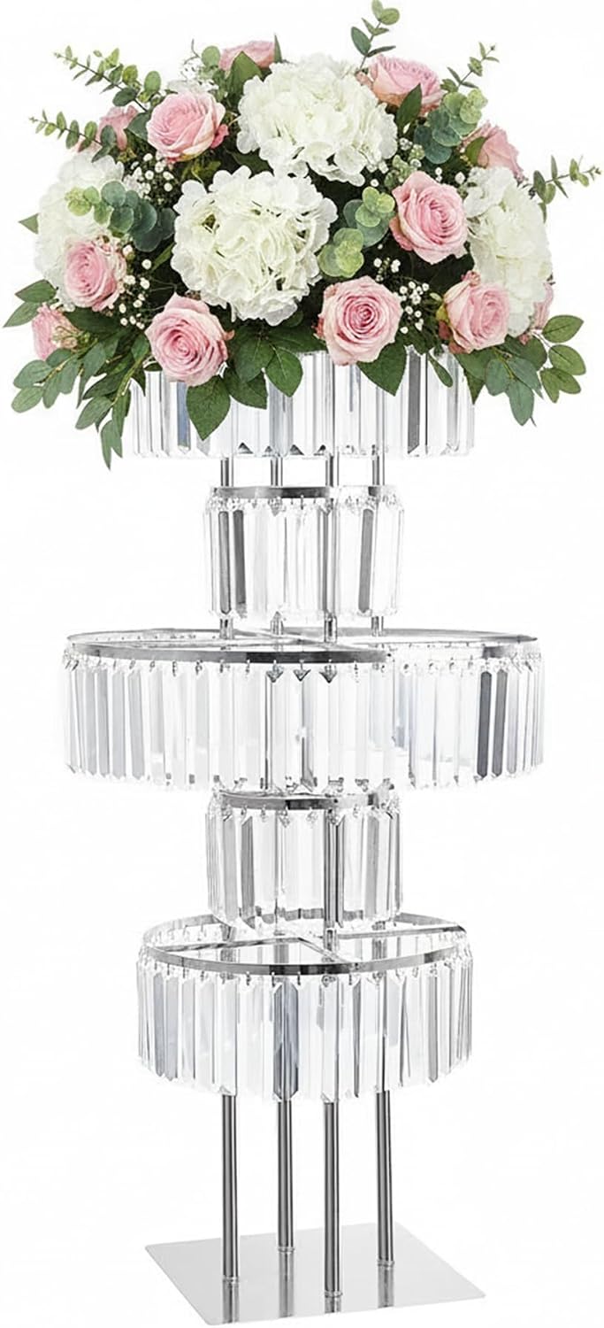 5-Tier Crystal Silver Vase for Centerpiece - Large Wedding Decor Flower Stand, Metal Chandelier Stand with K9 Crystal Pendants, Elegant Flower Display Rack for Party Event Home Wedding Decor (Silver)