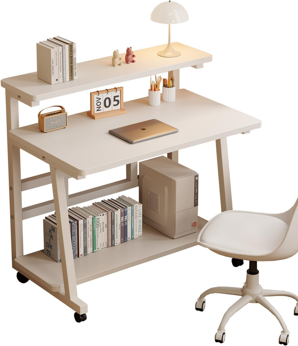 47.2 Inch Compact Rolling Computer Desk with Tier Worktable & Lockable Wheels, Small Computer Desk, Small Desk for Bedroom, Mobile Writing Workstation Easy Assembly for Home Office Small Spaces
