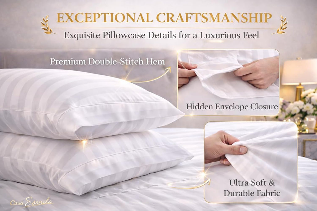 CASA ESENCIA 100% Egyptian Cotton Sheets Queen Size – 1000 Thread Count Luxury Hotel Sateen Weave Sheet Set, Soft & Breathable, 17' Deep Pocket, 4-Piece White Striped Bedding, All-Season Comfort