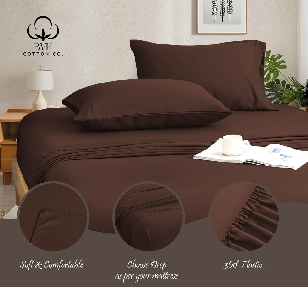 Egyptian Cotton Queen Size Sheet Set, 4-PCs Bed Set, Soft & Breathable Percale Weave, Fits 10-12' Deep Pocket, Hotel-Quality 1000 Series Bed Sheets (Solid, Chocolate)