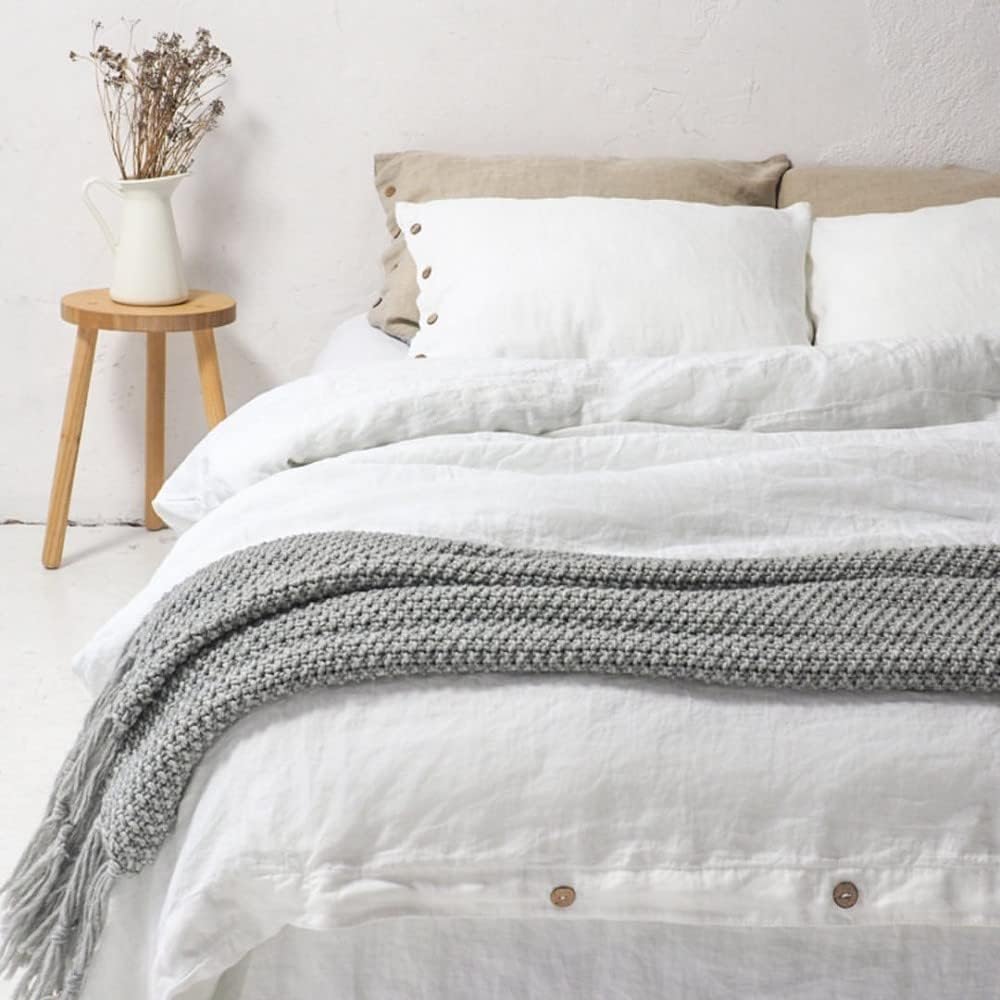 Simple&Opulence 100% Linen Duvet Cover Set 3pcs with Coconut Button Closure Natural French Washed Flax Solid Color Soft Breathable Farmhouse Bedding - White, California King