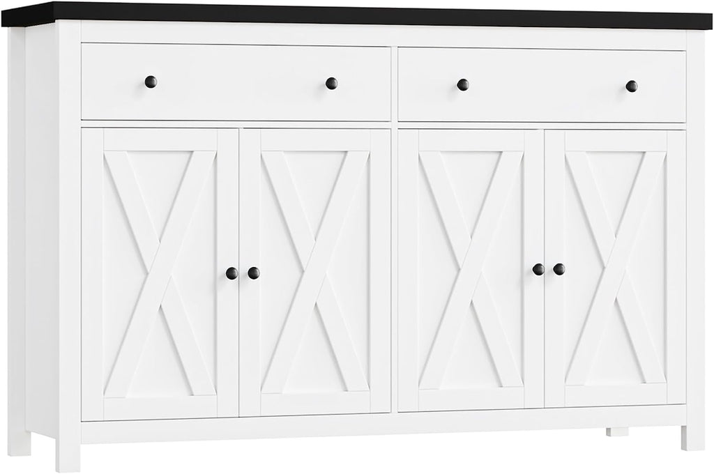 FOTOSOK Sideboard Buffet Cabinet with Storage, 55' Large Kitchen Storage Cabinet with 2 Drawers and 4 Doors, Wood Coffee Bar Cabinets Buffet Table for Kitchen Dining Room, White and Black
