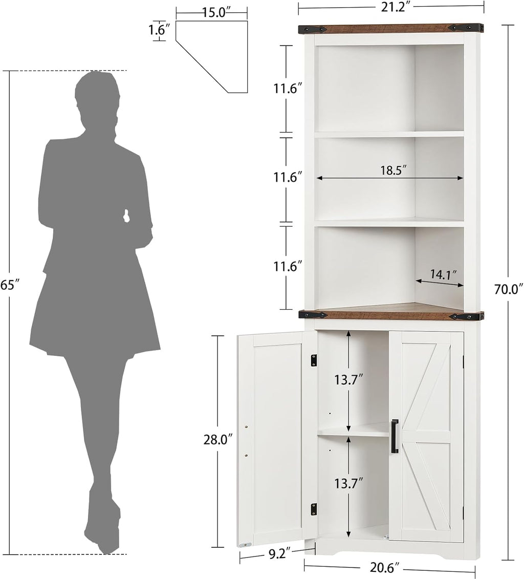 TEENFON Farmhouse Corner Cabinet, 70' H Tall Corner Hutch with 5 Shelves & 2 Barn Doors, Bathroom Cabinet with Adjustable Shelf, for Living Room, Kitchen, Bathroom, White