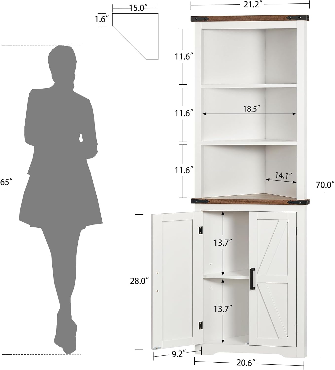 TEENFON Farmhouse Corner Cabinet, 70' H Tall Corner Hutch with 5 Shelves & 2 Barn Doors, Bathroom Cabinet with Adjustable Shelf, for Living Room, Kitchen, Bathroom, White