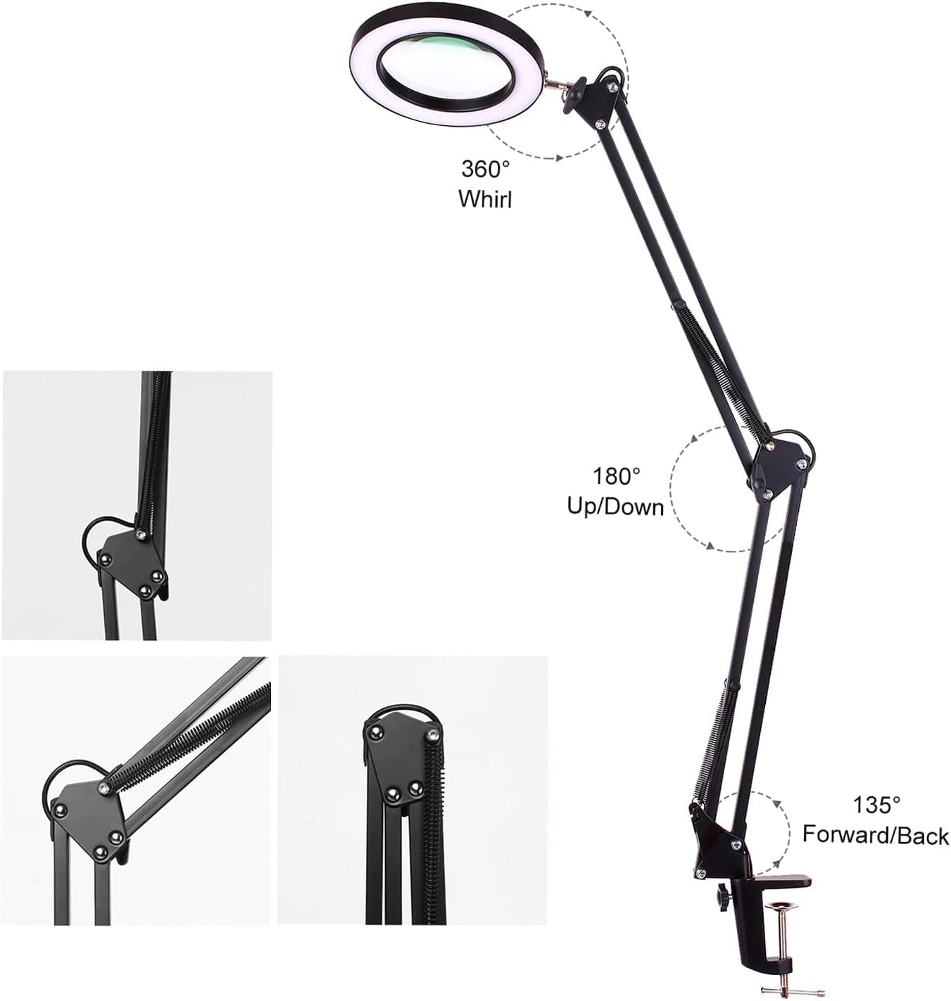 Jewelry Magnifying Glass Jewelry Magnifying Glass, 5X Lamp with Clamp Desk Swivel Arm Adjustable USB-Powered 3 Modes Dimmable for Work