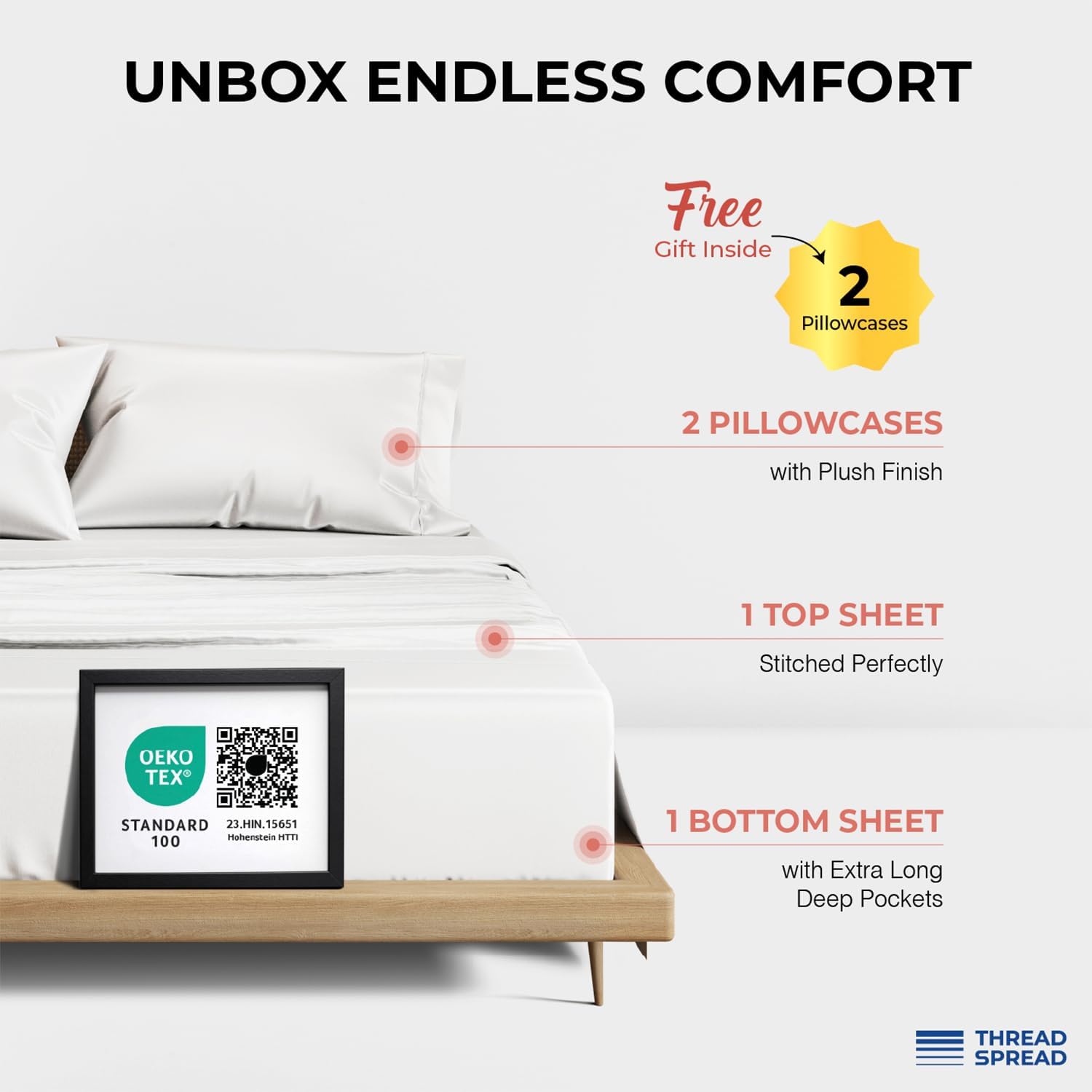 THREAD SPREAD 100% Egyptian Cotton Sheets California King Size - 1200 Series Plush Collection Cal King Size Sheets Set, 4 PC Luxury Bedsheet (White), Soft, Cooling, 17' Deep Pocket Bedsheet Set