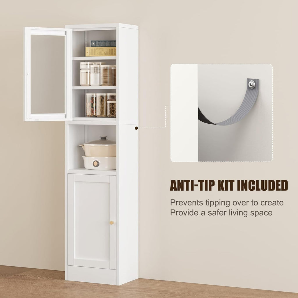 Bevivog Tall Bathroom Storage Cabinets,Slim Metal Cabinet with Open Shelf, Glass Display Door Freestanding Narrow Storage Organizers for Small Spaces,White Skinny Cabinets for Pantry,Living Room