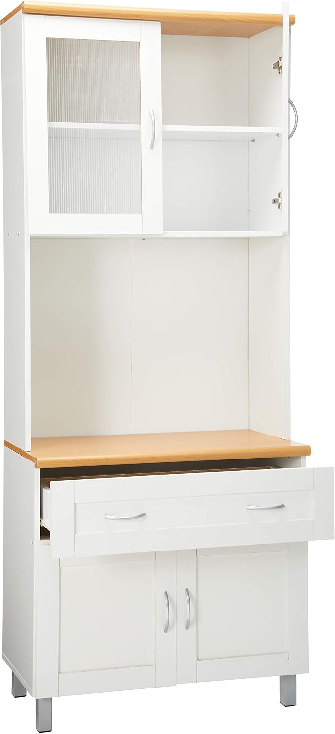 HODEDAH IMPORT Tall Standing Kitchen Cabinet with Top and Bottom Enclosed Cabinet Space, 1-Drawer, Large Open Space for Microwave in White