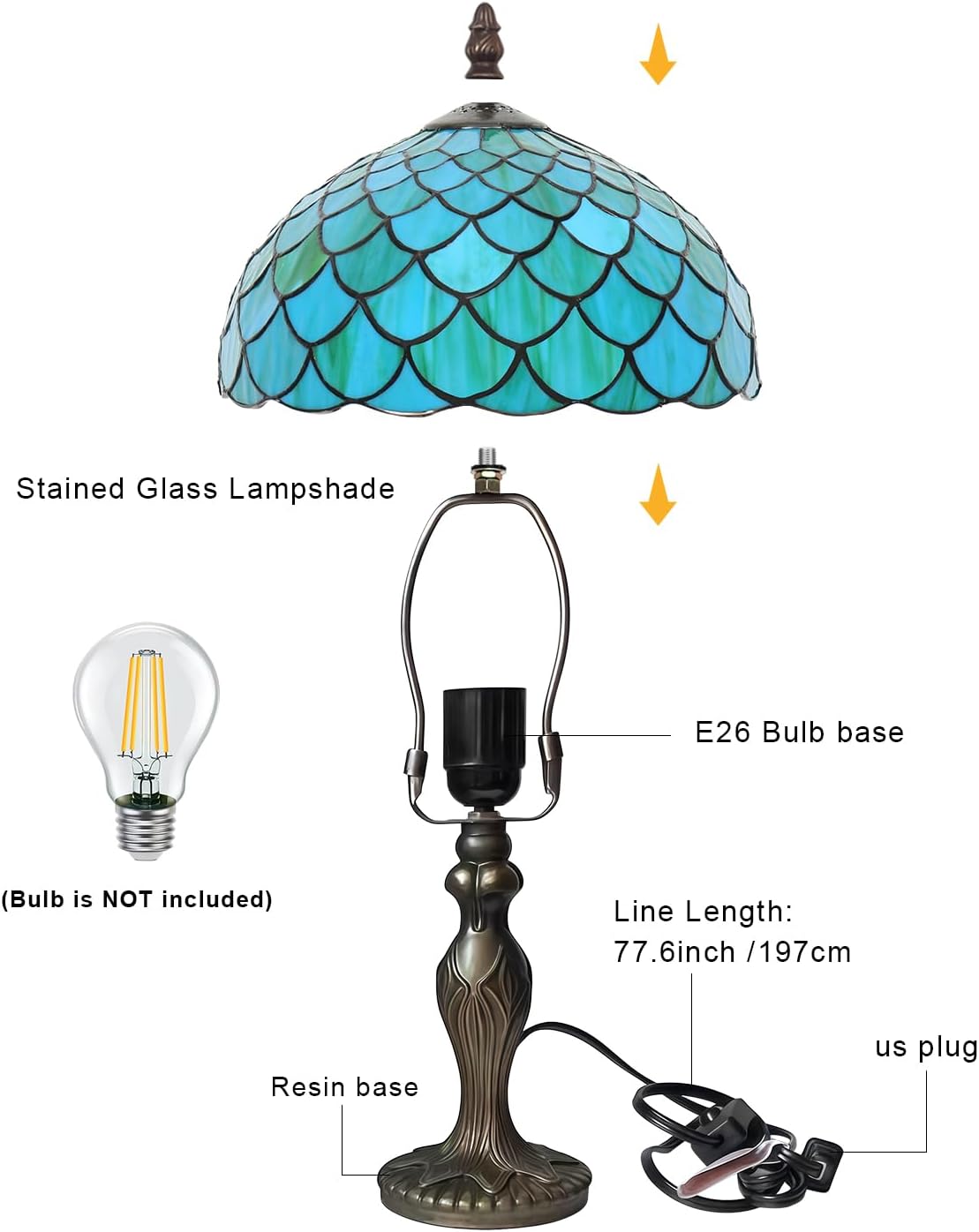 Tiffany Table Lamp, Stained Glass Blue Green Fish Scale Style, Metal Leaf Base Decor Lamp, 12x12x19 Inch for Bedroom, Living Room, Home, Office