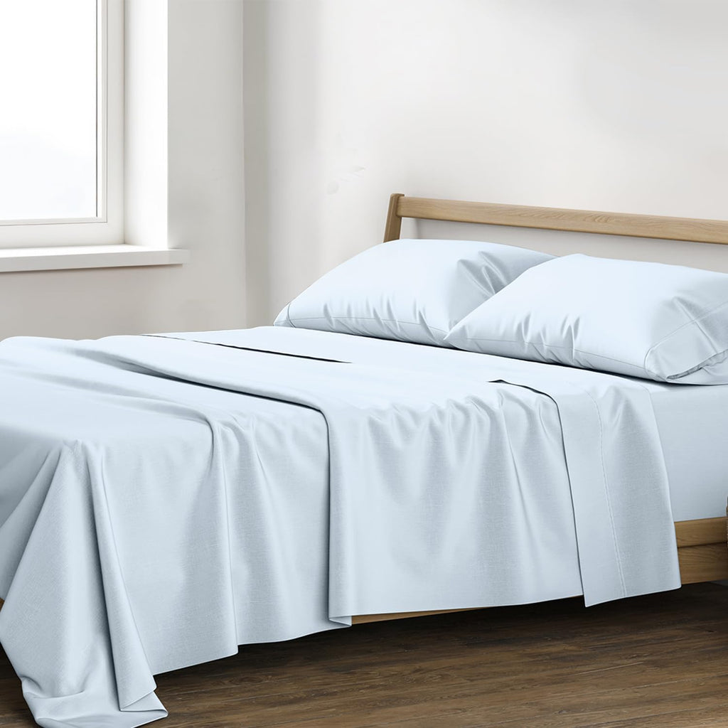 XOOX Linen 100% Egyptian Cotton Queen Sheet Set - Luxury 1200 High Thread Count Egyptian Cotton Sheets Queen Size (4 PC, Light Blue), Silky Soft, Cooling, 17' Deep Pocket Sateen Weave Hotel Bedding
