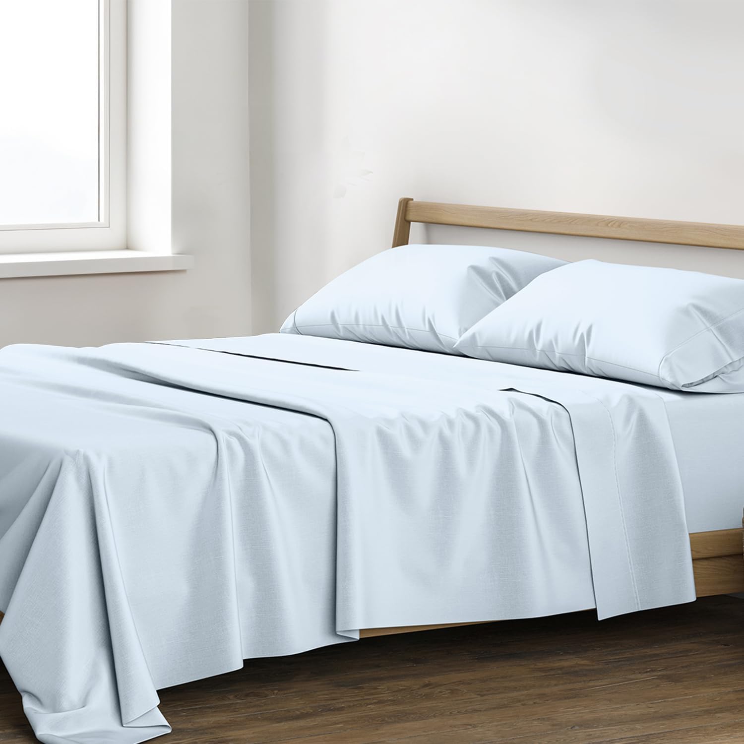 XOOX Linen 100% Egyptian Cotton Queen Sheet Set - Luxury 1200 High Thread Count Egyptian Cotton Sheets Queen Size (4 PC, Light Blue), Silky Soft, Cooling, 17' Deep Pocket Sateen Weave Hotel Bedding