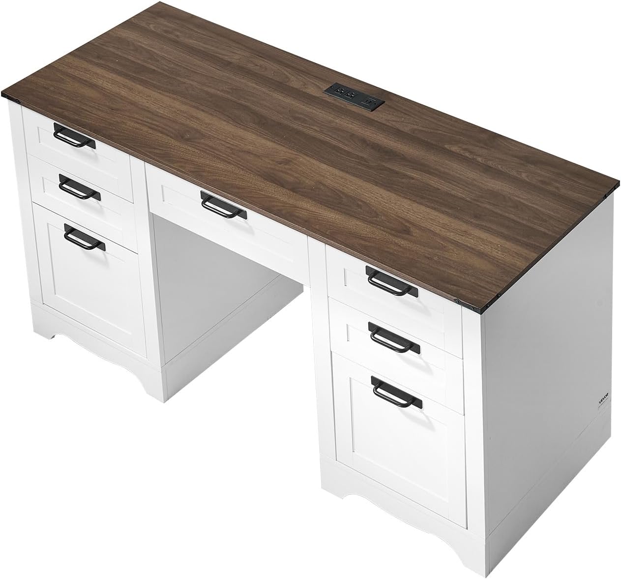 VEVOR 60' Executive Desk with Drawers, Farmhouse Home Office Desk with Charge Station, Keyboard Tray, File Storage Cabinet, 200 LBS Load Capacity Wood Table, Easy Assembly, for Work Study, Walnut