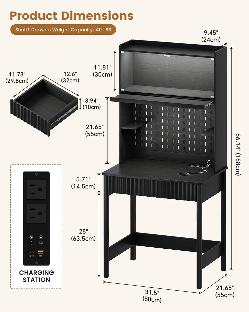 HNEBC Black Computer Desk - with Power Outlets & Chariging Station,Small Writing Desk with Hutch and Drawers,66.3''H Office Desk with Pull-Out LED Lights,Pop-up Glass Door,Pegboards,Bedroom