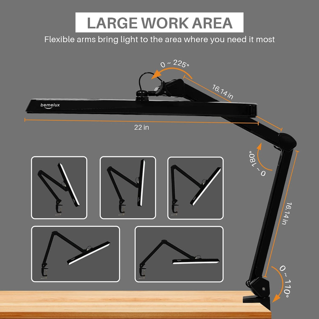 LED Architect Desk Lamp with Clamp, Metal Swing Arm 2000 Lumens Dimming Office Table Lamp for Task Work Drafting Reading Desktop, 234 LEDs,24W,5 Color Temperatures Workbench Lamp(Black, 24CCT)
