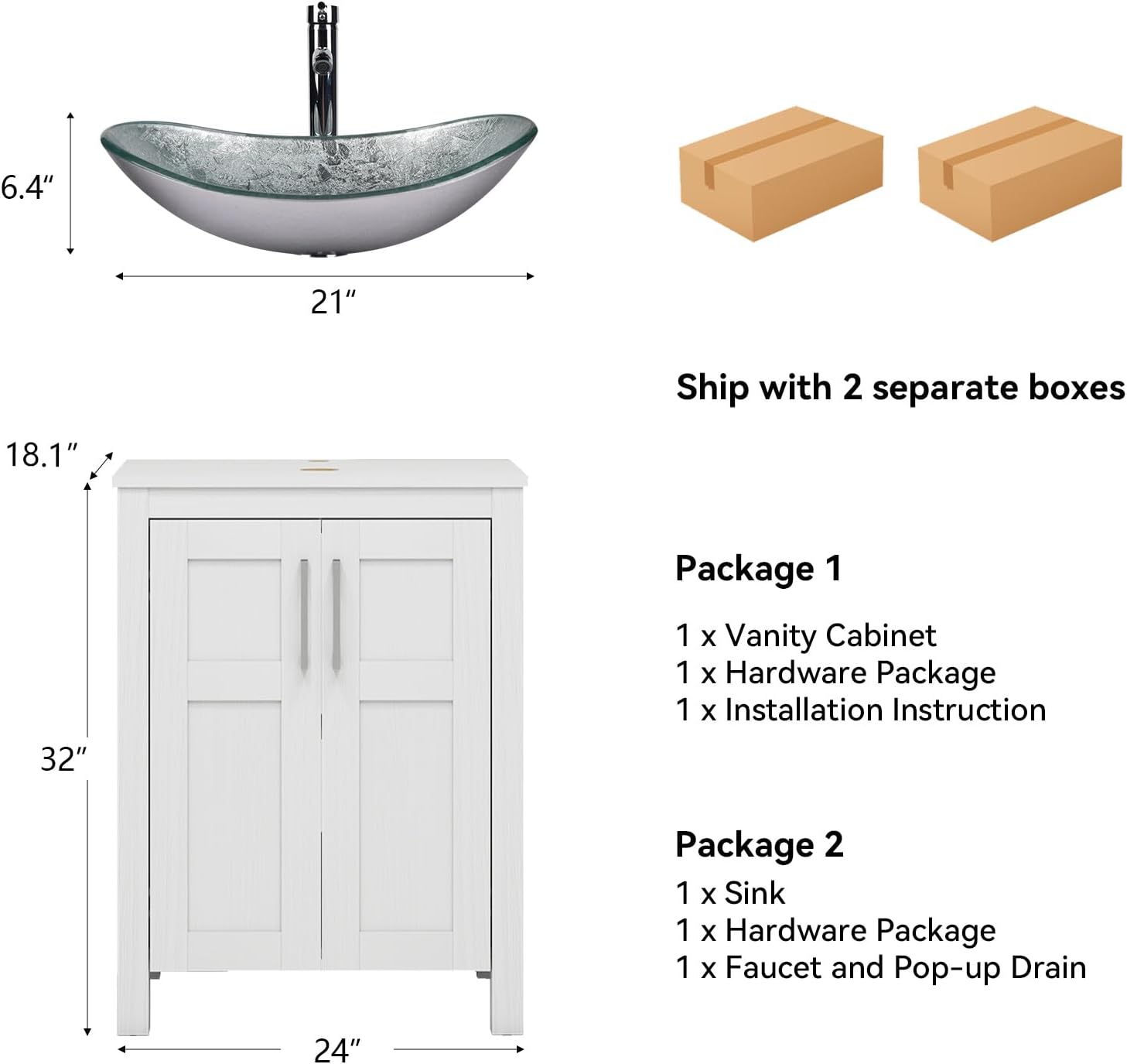 YOURLITE 24' Bathroom Vanity with Sink, White Bathroom Vanity and Sink Combo with Faucet & Pop Up Drain Set,Traditional Vanity with Blue Glass Boat Bathroom Sink