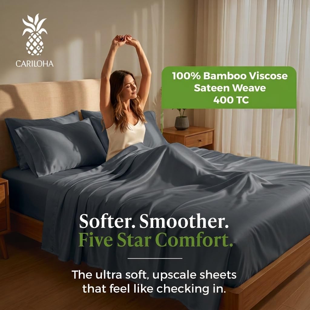 Cariloha Resort 100% Organic Bamboo Viscose Sheets - 4-Piece Queen Sheet Set - 18 in Extra Deep Pockets - Sateen Weave, Cooling, Hypoallergenic Luxury Sheets - Oeko-TEX Standard 100 - Blue Lagoon
