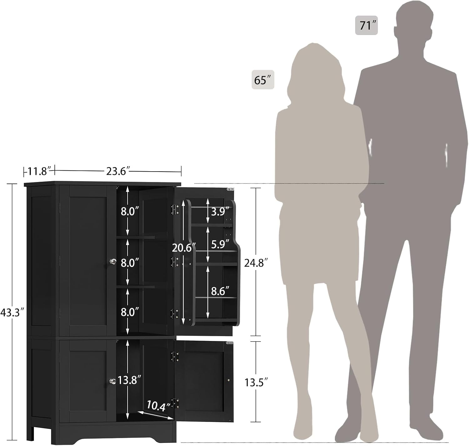 TEENFON Storage Cabinet with 4 Doors, Kitchen Cabinet with 6 Door Shelves, Kitchen Pantry for Living Room, Dining Room, Bathroom, Black