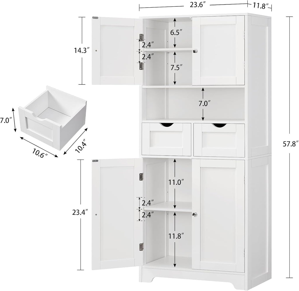 Iwell Tall Storage Cabinet with Adjustable Shelf & 2 Drawers, Kitchen Pantry Cabinet, Pantry Cabinets with 4 Doors, Tall Cabinets for Living Room, Kitchen, Bathroom, White