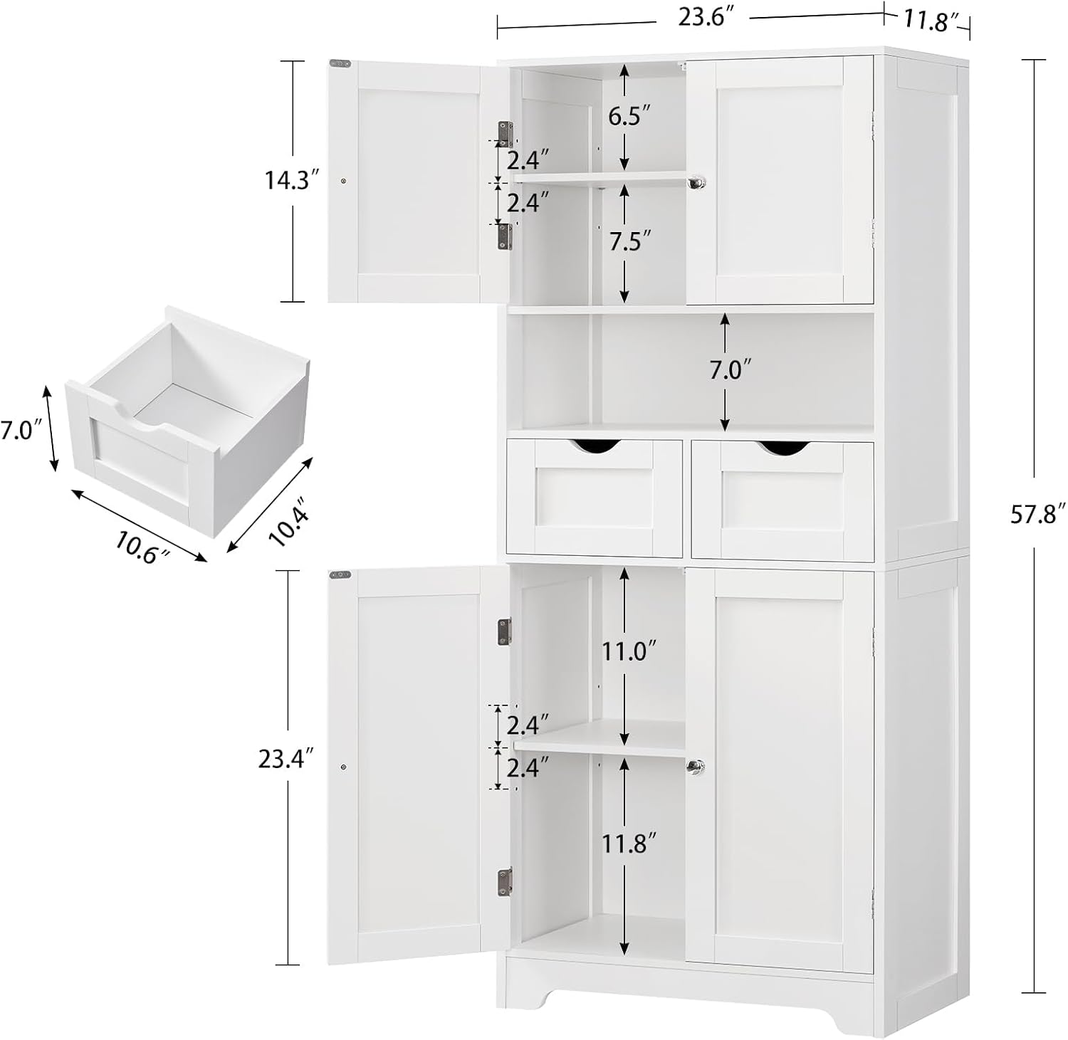Iwell Tall Storage Cabinet with Adjustable Shelf & 2 Drawers, Kitchen Pantry Cabinet, Pantry Cabinets with 4 Doors, Tall Cabinets for Living Room, Kitchen, Bathroom, White