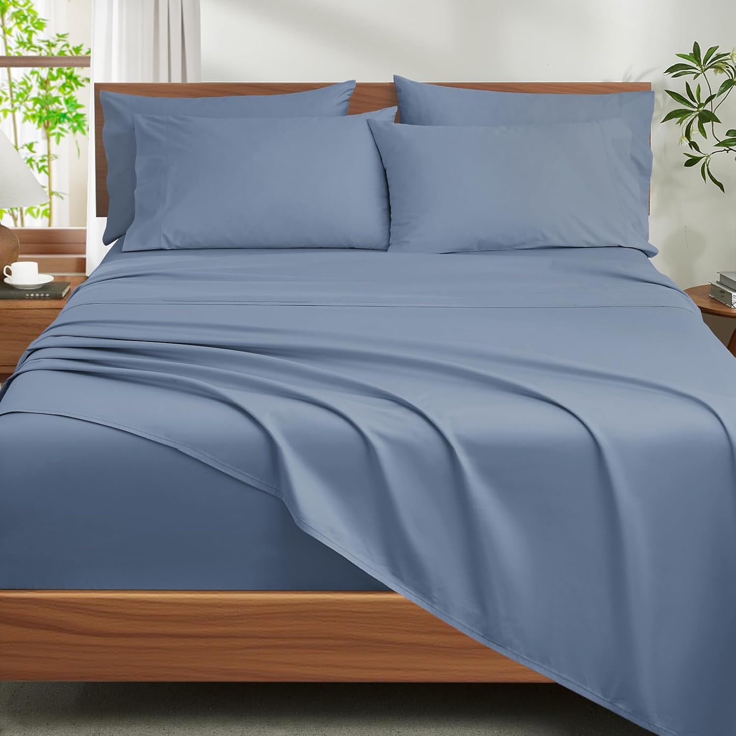 Ivellow 100% Egyptian Cotton Sheets Queen Size Set - 1200 Thread Count 6 PC 18' Deep Pocket Queen Size Bed Sheet Set，Luxury Soft Breathable Dusty Blue Cooling Sheet Sets Durable Hotel Quality Bedding