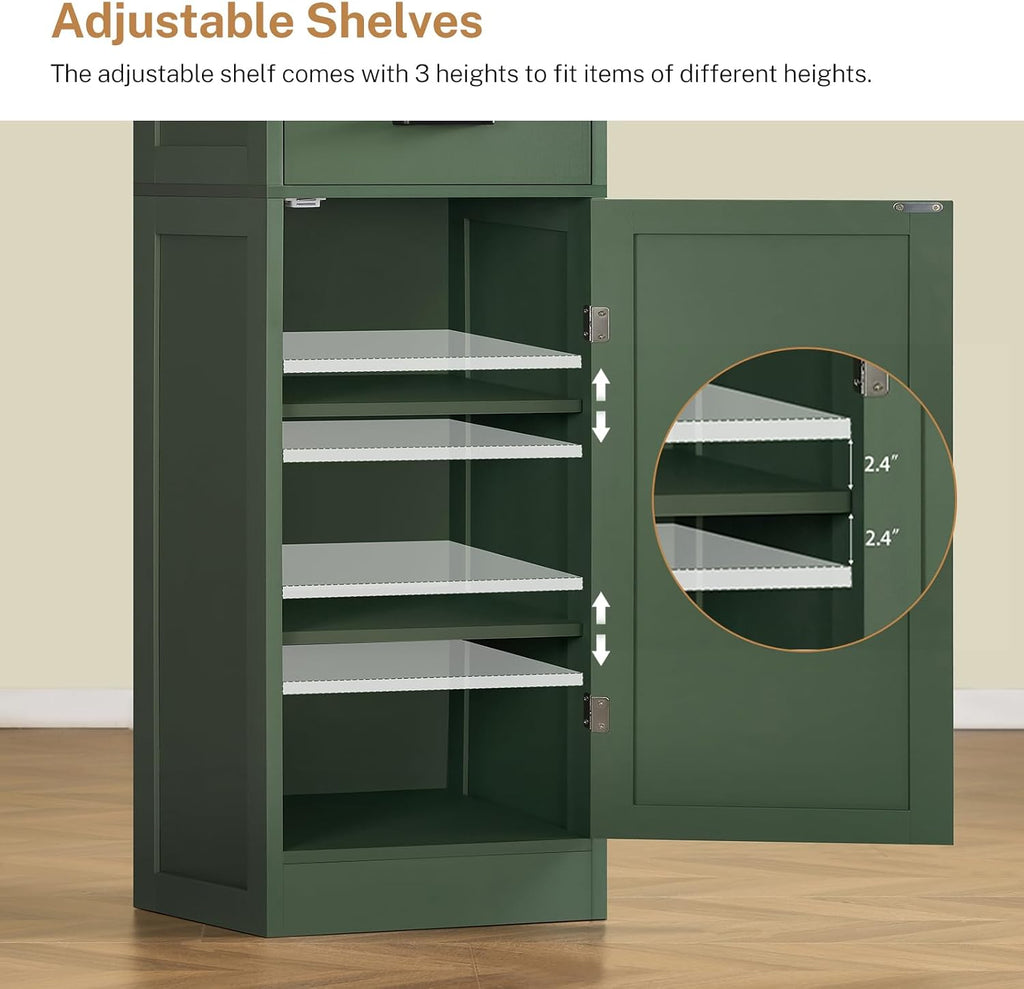 TEENFON Kitchen Pantry Cabinet with 3 Door Shelves & 1 Drawer, Narrow Bathroom Cabinet with Adjustable Shelves, Tall Storage Cabinet for Living Room, Bathroom, Entryway, Green